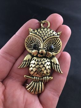Happy Perched Owl Pendant with Black Stone Eyes and Textured Vintage Gold Tone Finish #AESye6JkZKc
