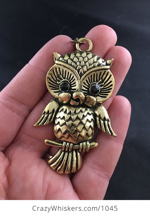 Happy Perched Owl Pendant with Black Stone Eyes and Textured Vintage Gold Tone Finish - #AESye6JkZKc-1