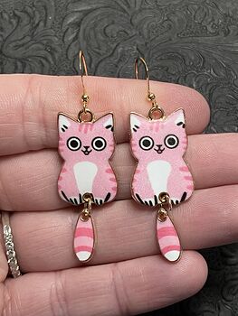 Happy Pink Cat Dangly Tail Earrings #yvtrsB6Lnz4