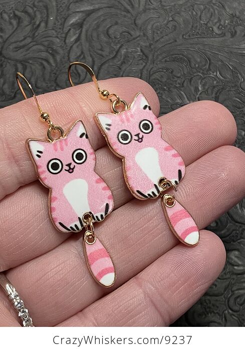 Happy Pink Cat Dangly Tail Earrings - #yvtrsB6Lnz4-2