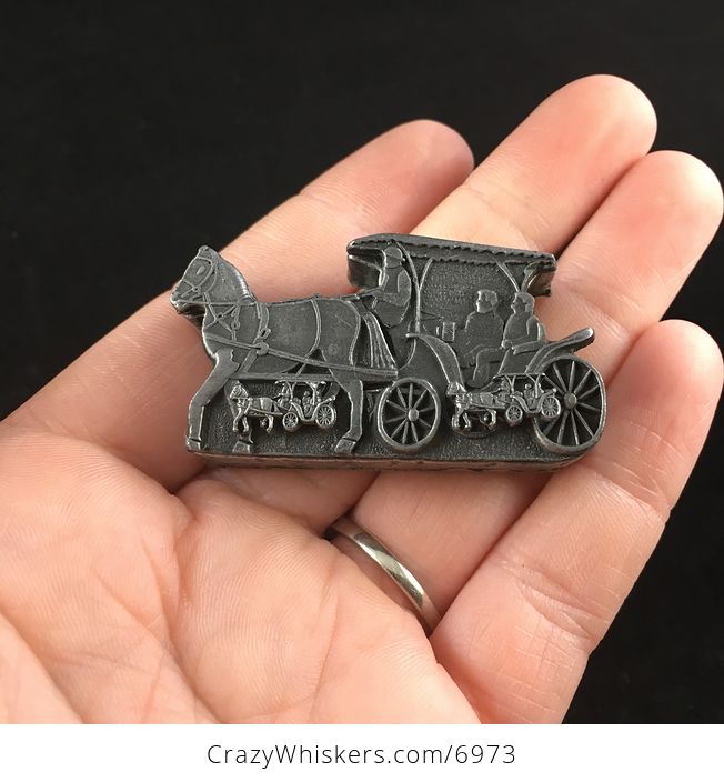 Horse and Buggy Earrings Brooch Necklace and Trinket Jewelry Box Set Vintage Torino Pewter - #xECmRdzr96A-1
