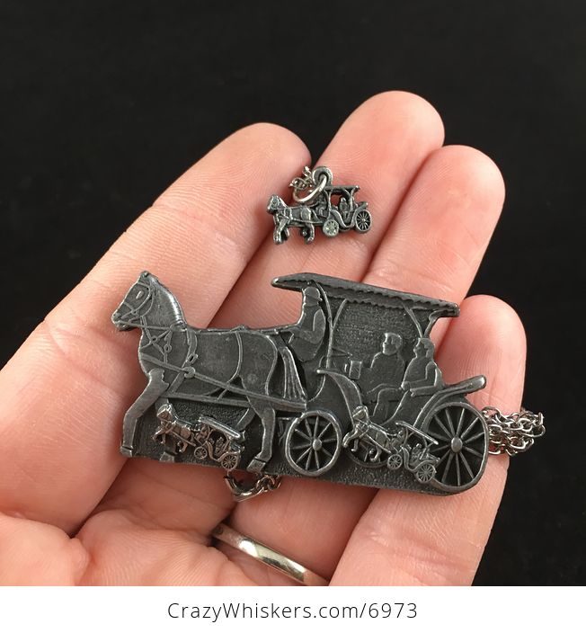 Horse and Buggy Earrings Brooch Necklace and Trinket Jewelry Box Set Vintage Torino Pewter - #xECmRdzr96A-6