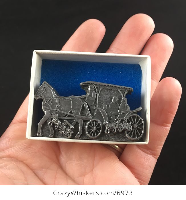 Horse and Buggy Earrings Brooch Necklace and Trinket Jewelry Box Set Vintage Torino Pewter - #xECmRdzr96A-8