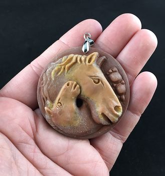 Horse and Foal Carved Jasper Stone Pendant Jewelry #NDnFk08vTVQ