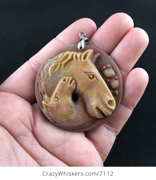 Horse and Foal Carved Jasper Stone Pendant Jewelry - #NDnFk08vTVQ-1
