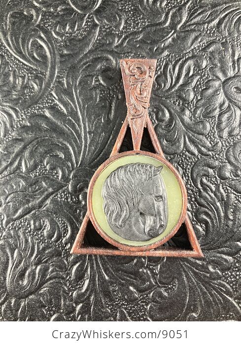 Horse Carved Black Jasper Jade and Wood Mini Art Pendant Cabochon Jewelry - #bncdOZEF120-4