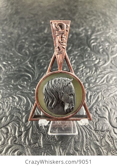 Horse Carved Black Jasper Jade and Wood Mini Art Pendant Cabochon Jewelry - #bncdOZEF120-1