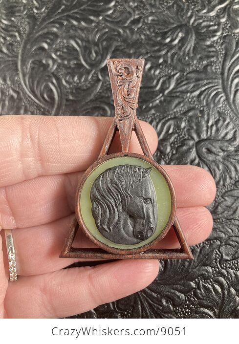 Horse Carved Black Jasper Jade and Wood Mini Art Pendant Cabochon Jewelry - #bncdOZEF120-3