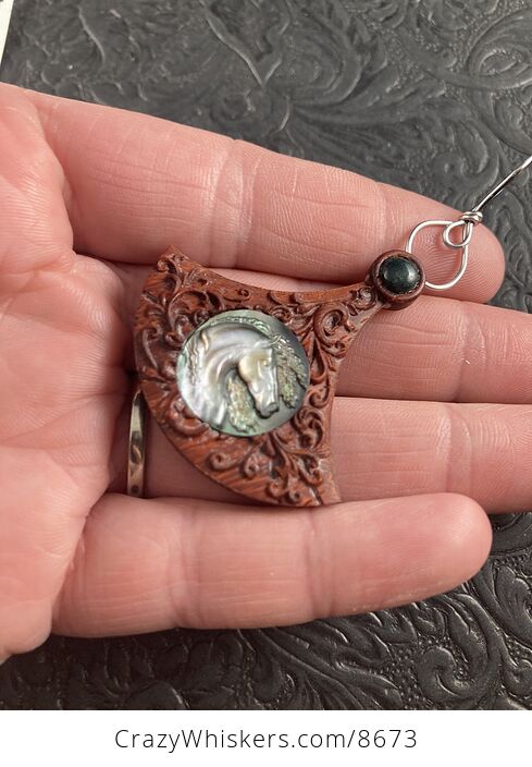 Horse Head Carved Mother of Pearl Shell in a Wooden Frame Pendant Jewelry - #1EWdNb9mQeM-3