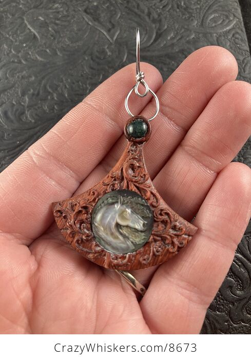 Horse Head Carved Mother of Pearl Shell in a Wooden Frame Pendant Jewelry - #1EWdNb9mQeM-1