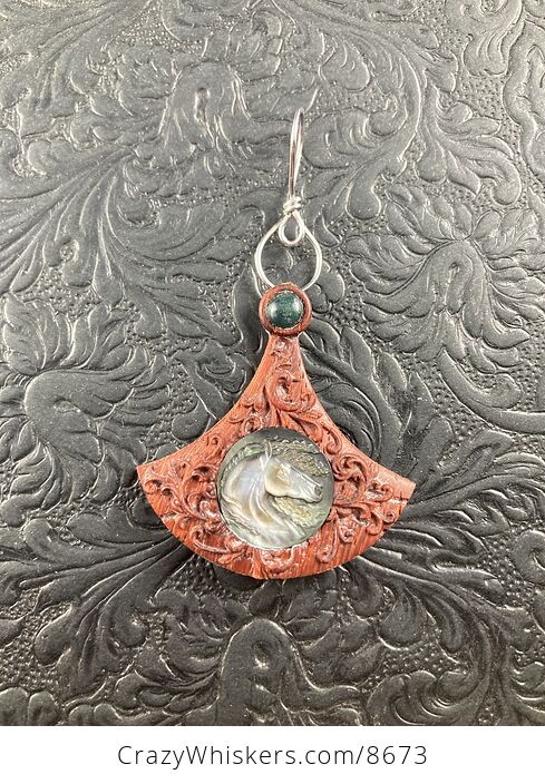 Horse Head Carved Mother of Pearl Shell in a Wooden Frame Pendant Jewelry - #1EWdNb9mQeM-5