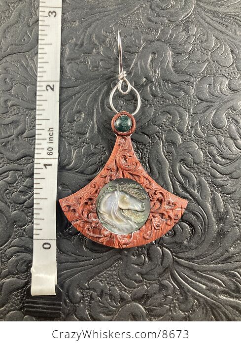 Horse Head Carved Mother of Pearl Shell in a Wooden Frame Pendant Jewelry - #1EWdNb9mQeM-6