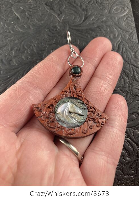 Horse Head Carved Mother of Pearl Shell in a Wooden Frame Pendant Jewelry - #1EWdNb9mQeM-2