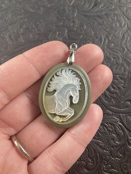 Horse Mother of Pearl Carved and Jasper Stone Jewelry Pendant #5LSr24kE07c