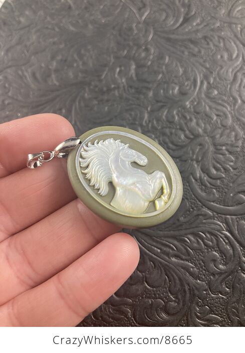 Horse Mother of Pearl Carved and Jasper Stone Jewelry Pendant - #5LSr24kE07c-3