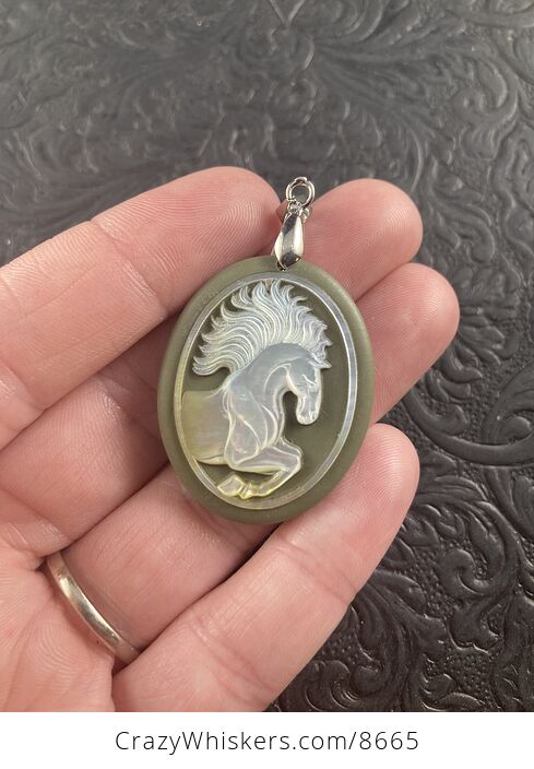 Horse Mother of Pearl Carved and Jasper Stone Jewelry Pendant - #5LSr24kE07c-1