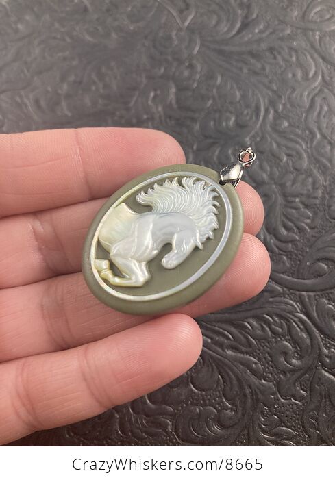 Horse Mother of Pearl Carved and Jasper Stone Jewelry Pendant - #5LSr24kE07c-2