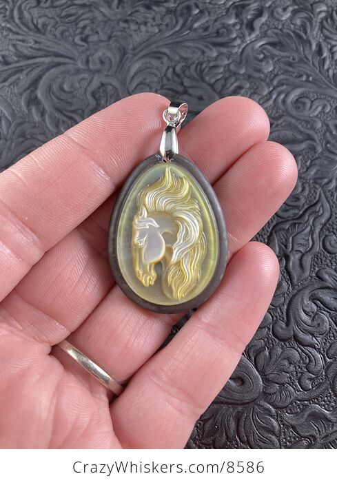 Horse Mother of Pearl Carved and Jasper Stone Jewelry Pendant - #eNMlN4dIHLw-1