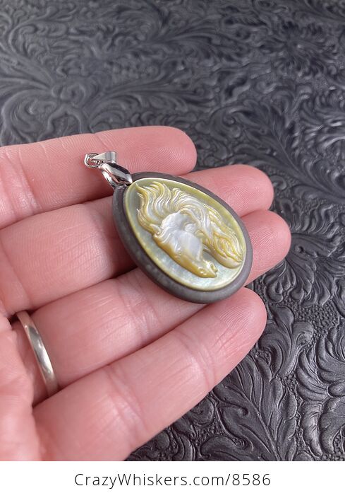 Horse Mother of Pearl Carved and Jasper Stone Jewelry Pendant - #eNMlN4dIHLw-4