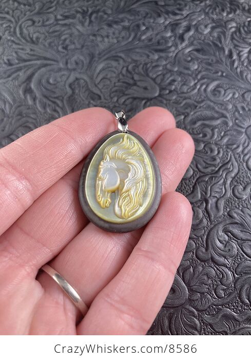 Horse Mother of Pearl Carved and Jasper Stone Jewelry Pendant - #eNMlN4dIHLw-2