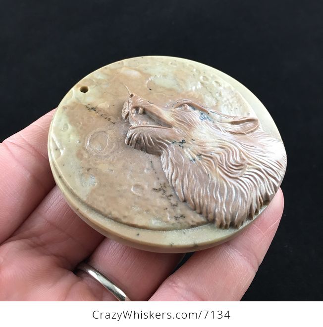Howling Wolf and Full Moon Carved Ribbon Jasper Stone Pendant Jewelry - #LNouO8uQwwc-4