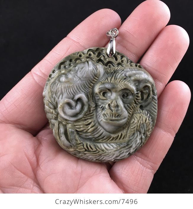 Hugging Monkeys Carved Ribbon Jasper Stone Pendant Jewelry - #Ptxlqmxd554-1