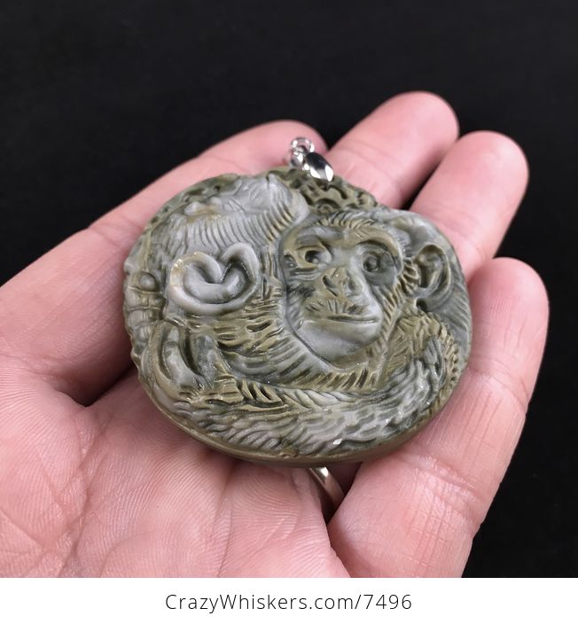 Hugging Monkeys Carved Ribbon Jasper Stone Pendant Jewelry - #Ptxlqmxd554-2