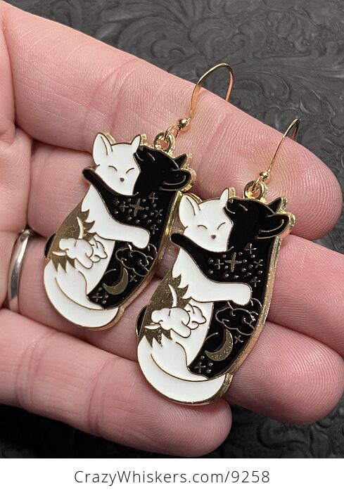 Hugging White and Black Celestial Cat Earrings - #HXr3GEu7FRA-3