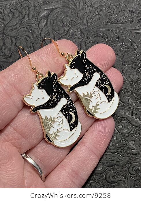 Hugging White and Black Celestial Cat Earrings - #HXr3GEu7FRA-2