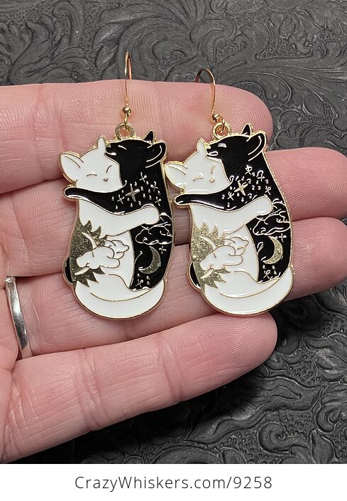 Hugging White and Black Celestial Cat Earrings - #HXr3GEu7FRA-1