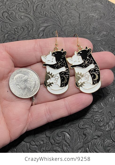 Hugging White and Black Celestial Cat Earrings - #HXr3GEu7FRA-4