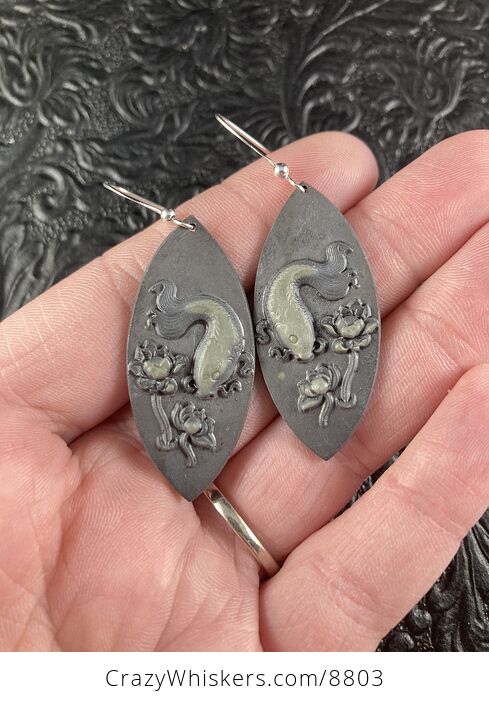 Jasper Stone Koi Carp and Water Lily Lotus Fish Earrings Jewelry - #4rJXRf54xxE-1