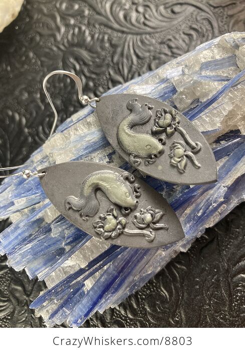 Jasper Stone Koi Carp and Water Lily Lotus Fish Earrings Jewelry - #4rJXRf54xxE-3