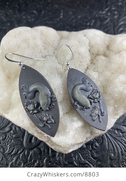 Jasper Stone Koi Carp and Water Lily Lotus Fish Earrings Jewelry - #4rJXRf54xxE-5