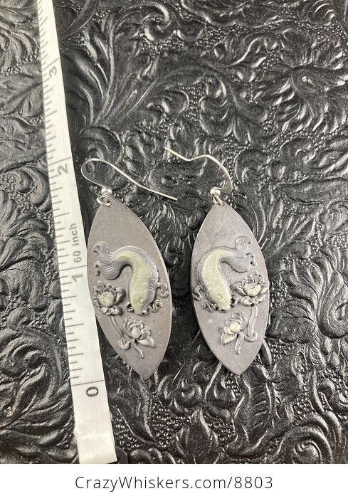 Jasper Stone Koi Carp and Water Lily Lotus Fish Earrings Jewelry - #4rJXRf54xxE-6
