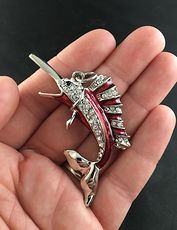 Jumping Red and Rhinestone Silver Tone Marlin Swordfish Pendant #GOzVp2V53aw