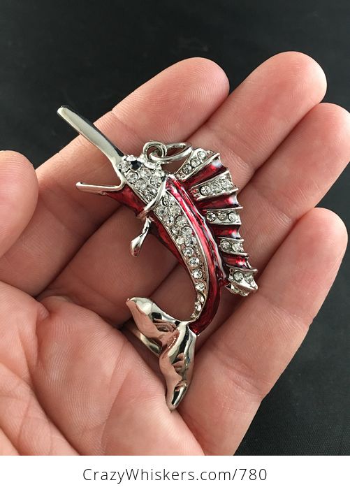 Jumping Red and Rhinestone Silver Tone Marlin Swordfish Pendant - #GOzVp2V53aw-1