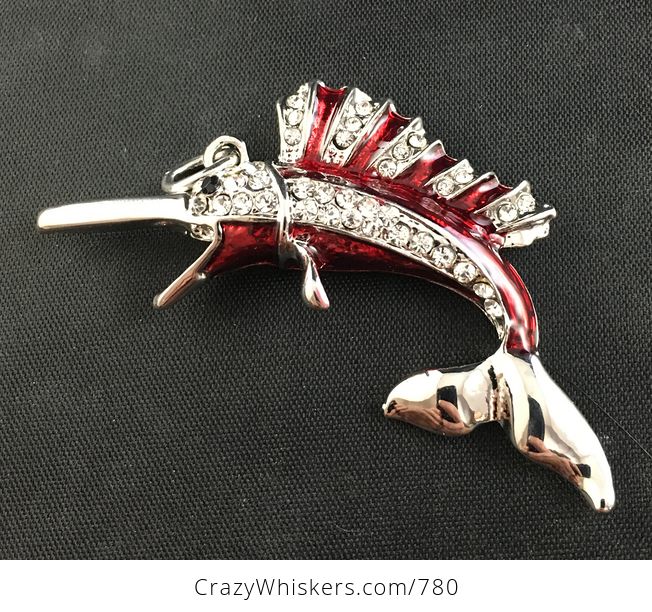 Jumping Red and Rhinestone Silver Tone Marlin Swordfish Pendant - #GOzVp2V53aw-3