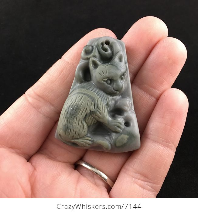 Kitty Cat Carved Ribbon Jasper Stone Pendant Jewelry - #cBirnBRLKLo-1