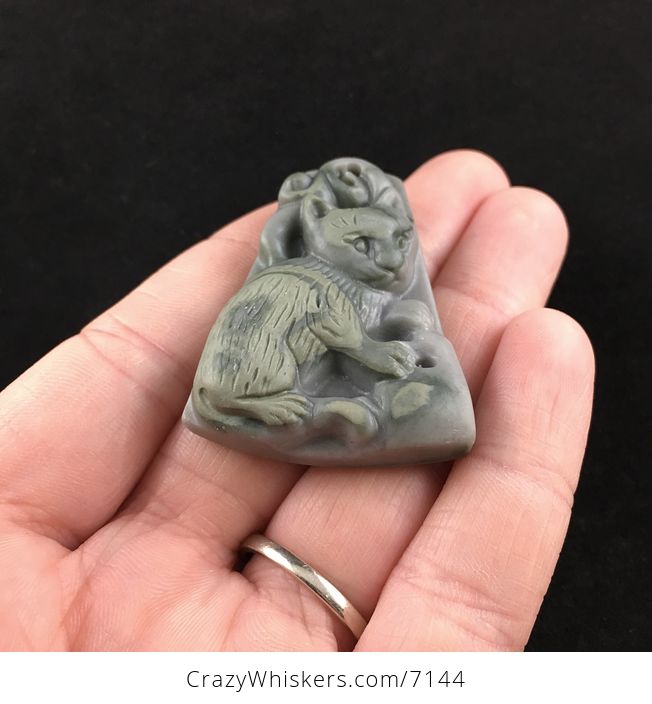 Kitty Cat Carved Ribbon Jasper Stone Pendant Jewelry - #cBirnBRLKLo-2