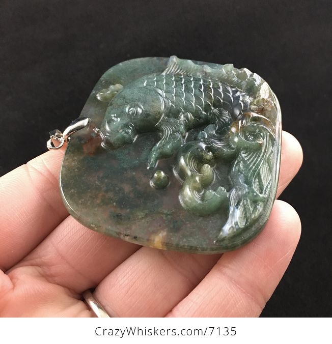 Koi Carp Fish Carved Moss Agate Stone Pendant Jewelry - #LWDxT1DytiM-4
