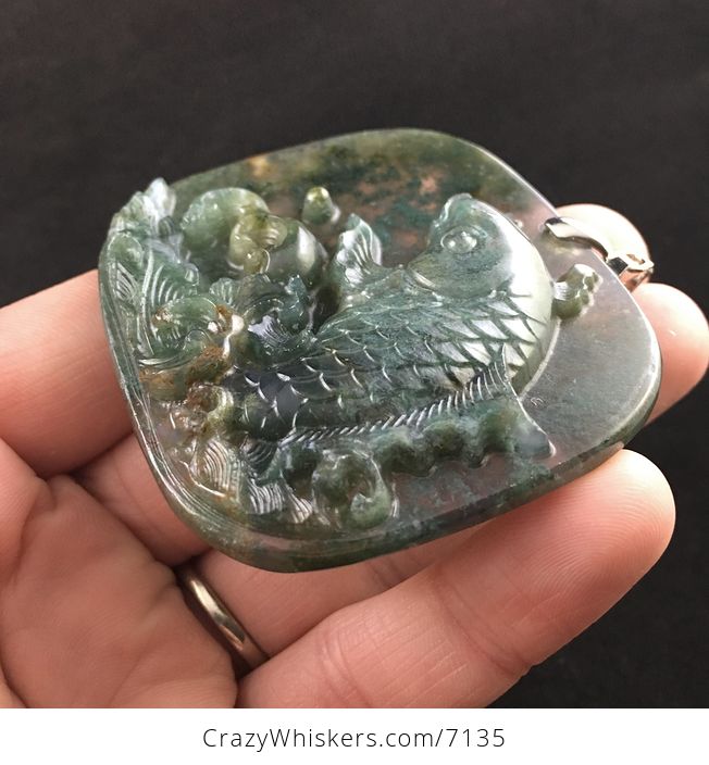 Koi Carp Fish Carved Moss Agate Stone Pendant Jewelry - #LWDxT1DytiM-3