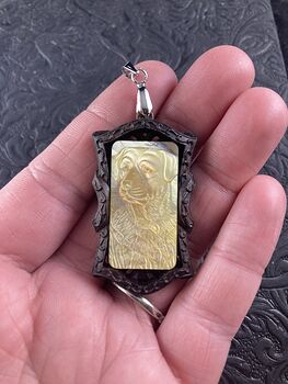 Labrador Retriever Dog Carved Mother of Pearl Shell in a Wooden Frame Pendant Jewelry #rDkZNL5z7ds