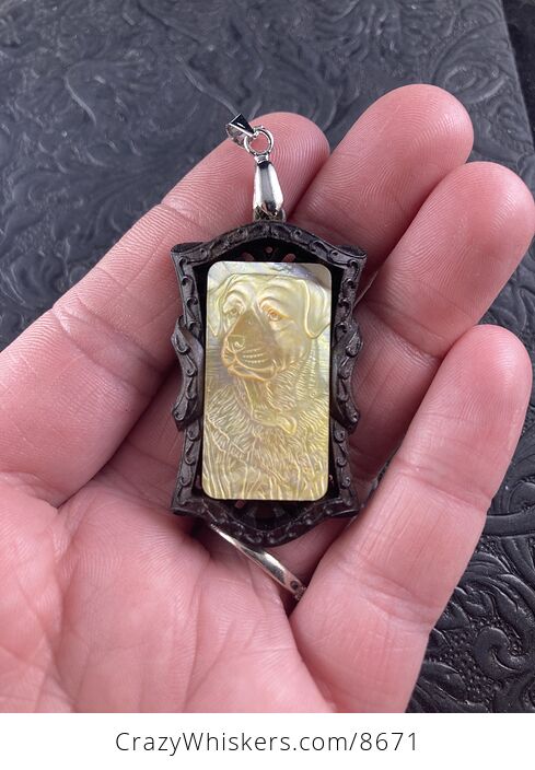 Labrador Retriever Dog Carved Mother of Pearl Shell in a Wooden Frame Pendant Jewelry - #rDkZNL5z7ds-1