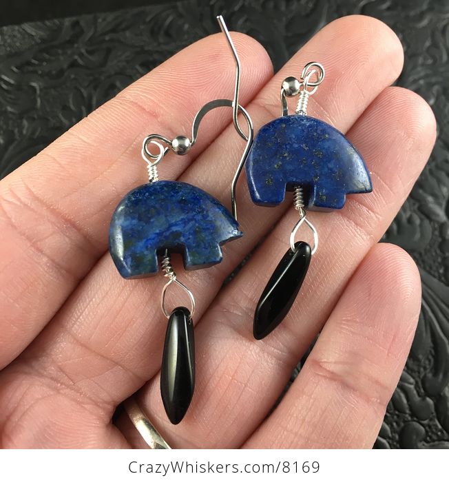 Lapis Lazuli Bear and Black Dagger Earrings with Silver Wire - #QVHB0uT1eN0-1