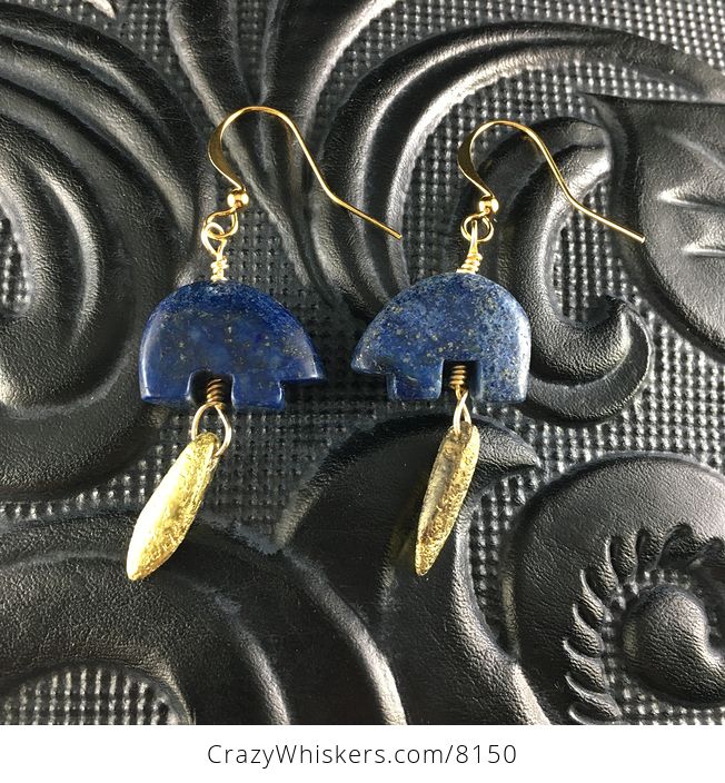 Lapis Lazuli Bear and Etched Golden Dagger Earrings with Gold Wire - #pathfj7VfU8-1