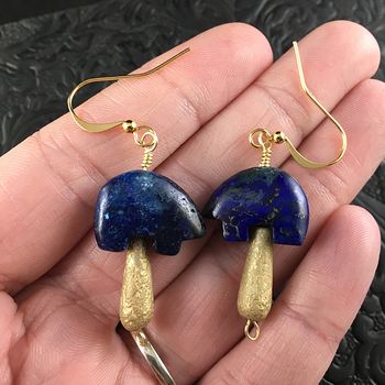Lapis Lazuli Bear and Etched Golden Teardrop Earrings with Gold Wire #LyP2uG61ipY