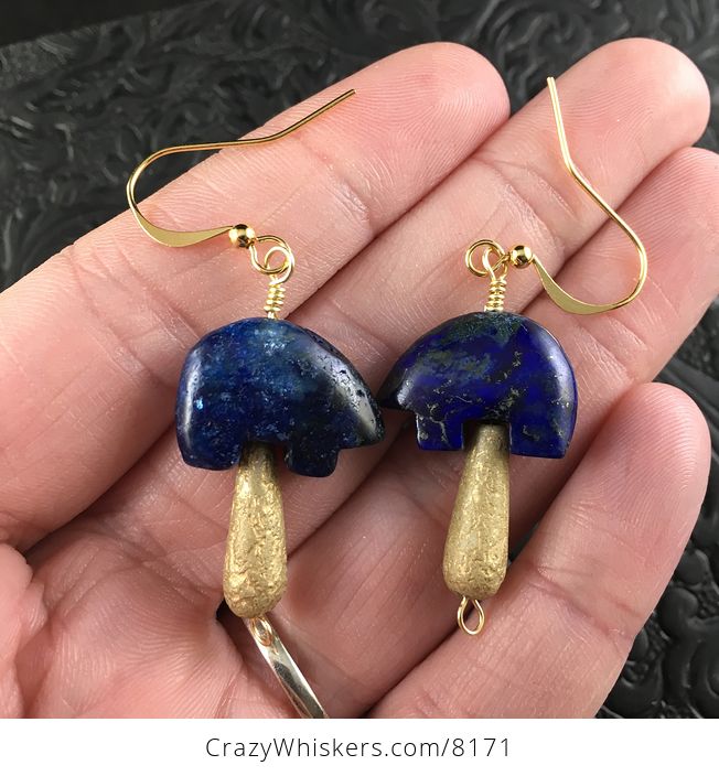 Lapis Lazuli Bear and Etched Golden Teardrop Earrings with Gold Wire - #LyP2uG61ipY-1