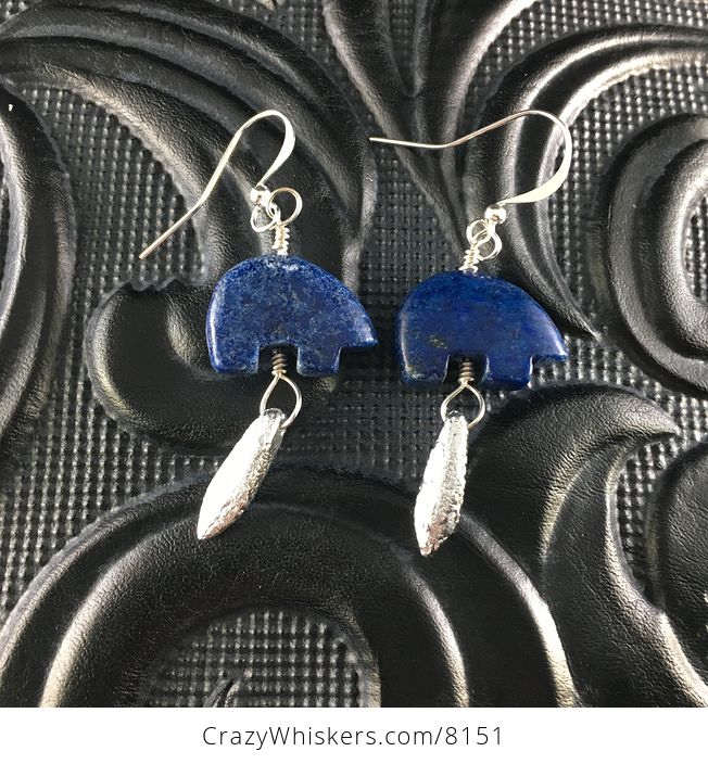Lapis Lazuli Bear and Etched Silver Dagger Earrings with Silver Wire - #Zw8rNDRHsVg-1