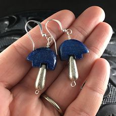 Lapis Lazuli Bear and Vintage Styled Silver Drop Bead Earrings with Silver Wire #TbYlirsjvSA